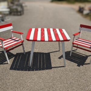 Ancien salon de jardin bois peint rouge et blanc